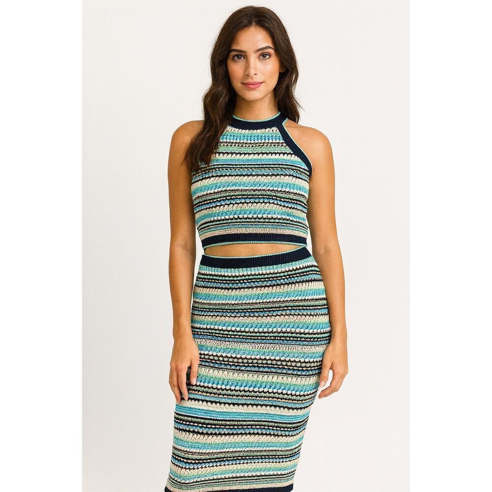 Rachel Zoe crochet green striped cropped skirt set size M